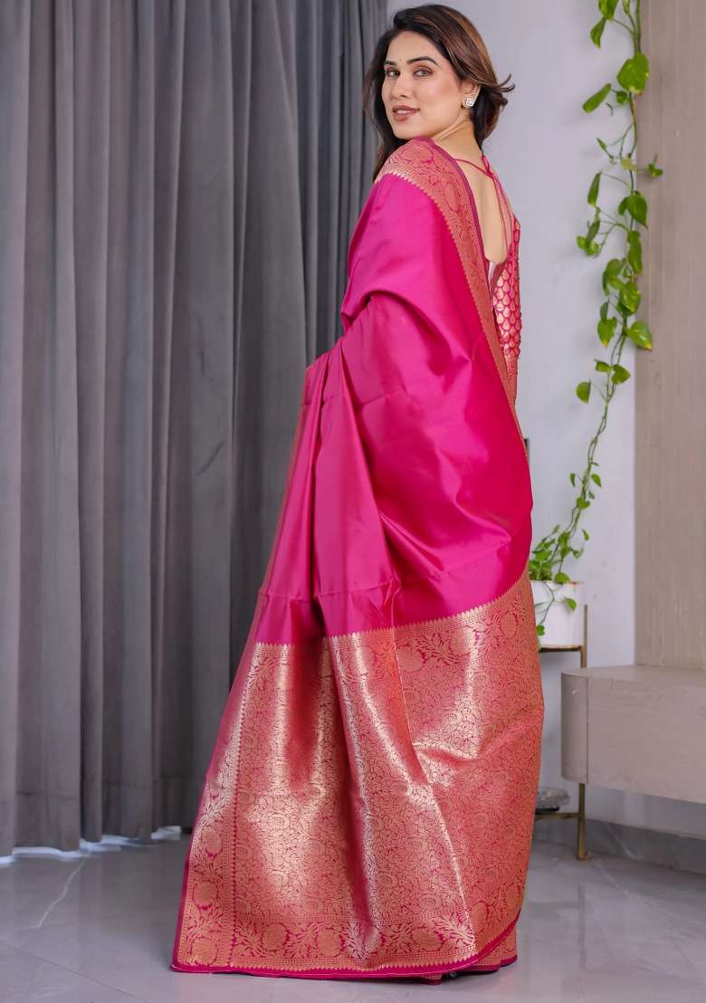 Pink Embroidered Kanjivaram Silk Blend Saree Set - Indya
