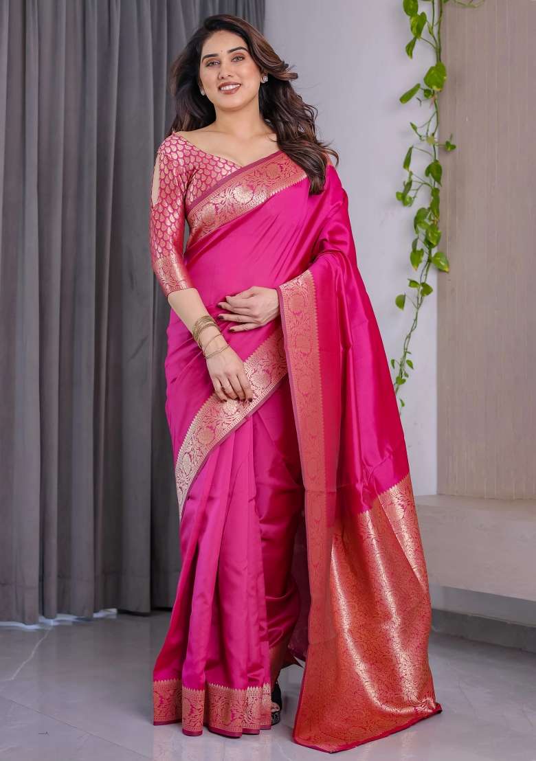 Pink Embroidered Kanjivaram Silk Blend Saree Set - Indya