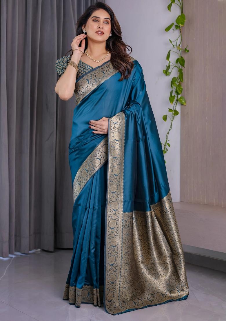 Blue Embroidered Kanjivaram Silk Saree Set - Indya