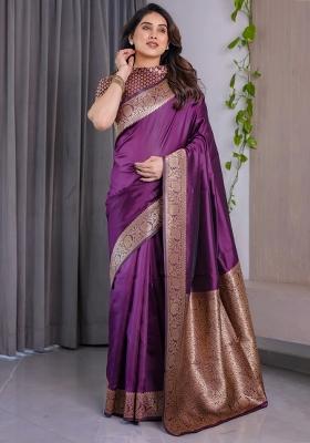 Violet Embroidered Kanjivaram Silk Saree Set