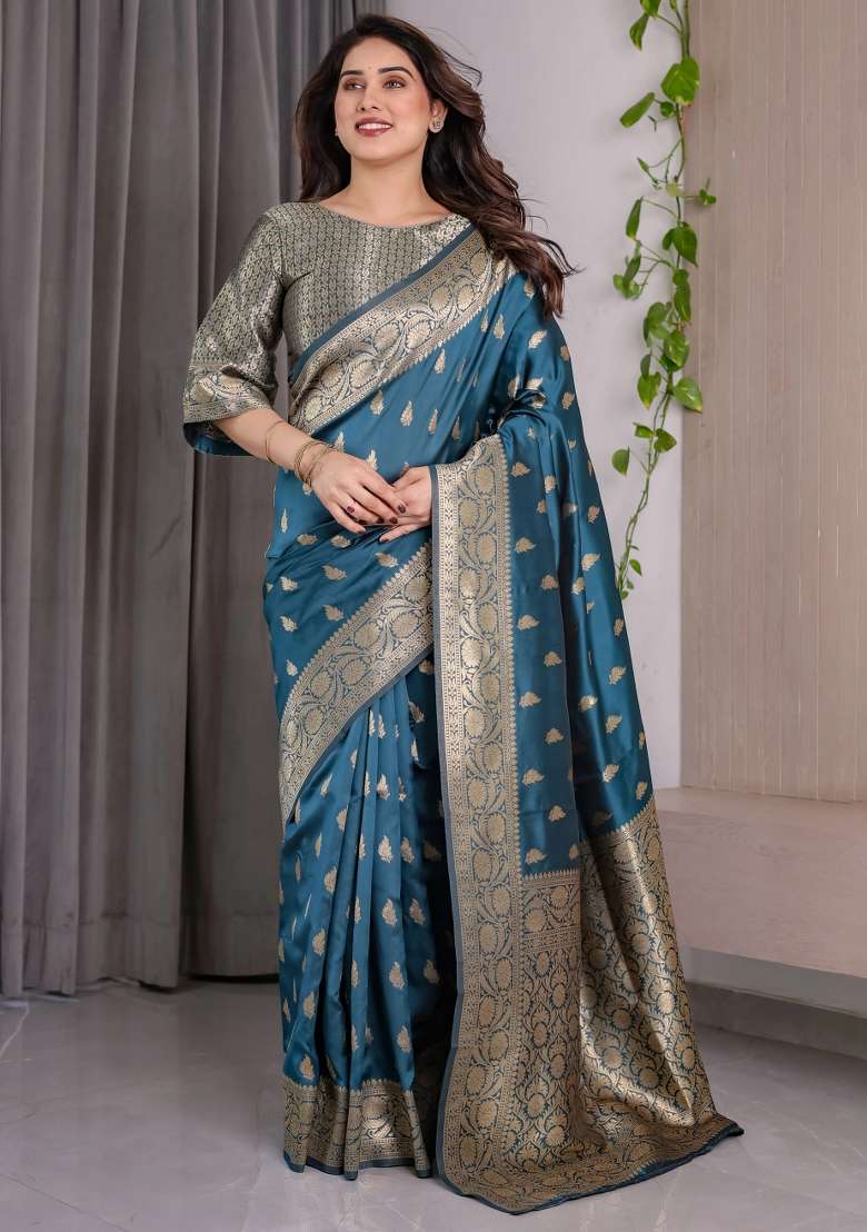 Blue Embroidered Kanjivaram Silk Blend Saree Set - Indya