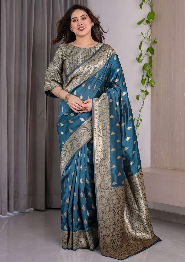 Blue Embroidered Kanjivaram Silk Blend Saree Set - Indya