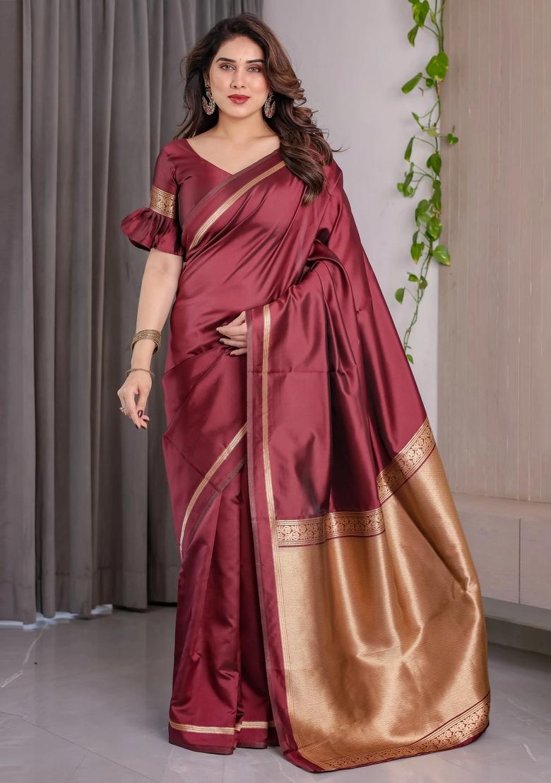 Maroon Embroidered Kanjivaram Silk Saree Set - Indya