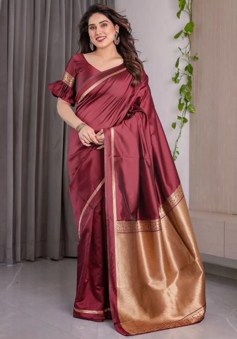 Maroon Embroidered Kanjivaram Silk Saree Set