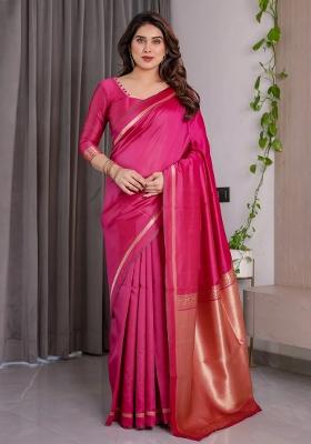 Pink Embroidered Kanjivaram Silk Saree Set