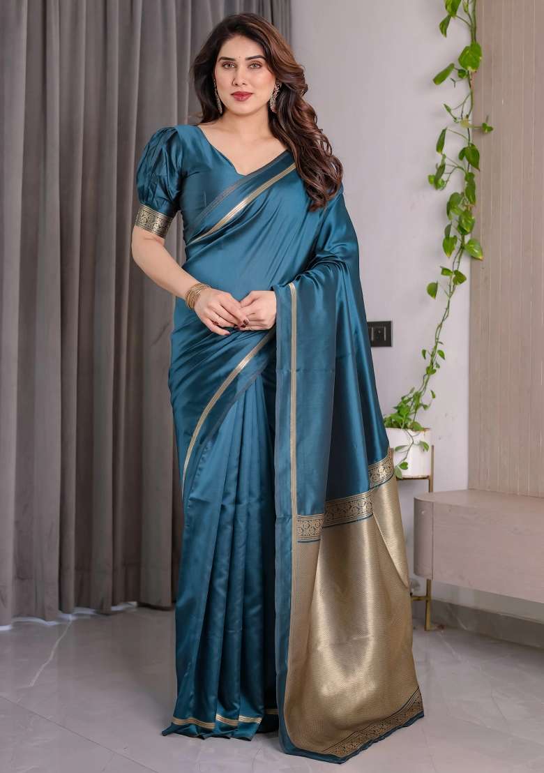 Blue Embroidered Kanjivaram Silk Blend Saree Set - Indya