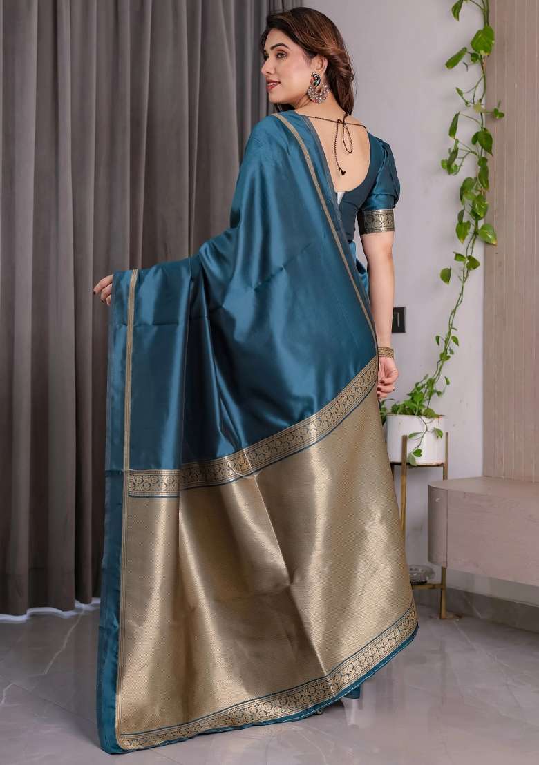Blue Embroidered Kanjivaram Silk Blend Saree Set - Indya