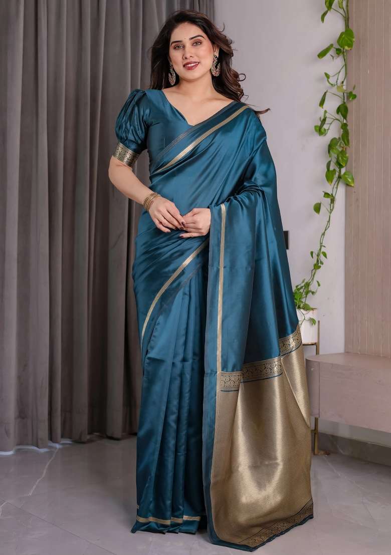 Blue Embroidered Kanjivaram Silk Blend Saree Set - Indya