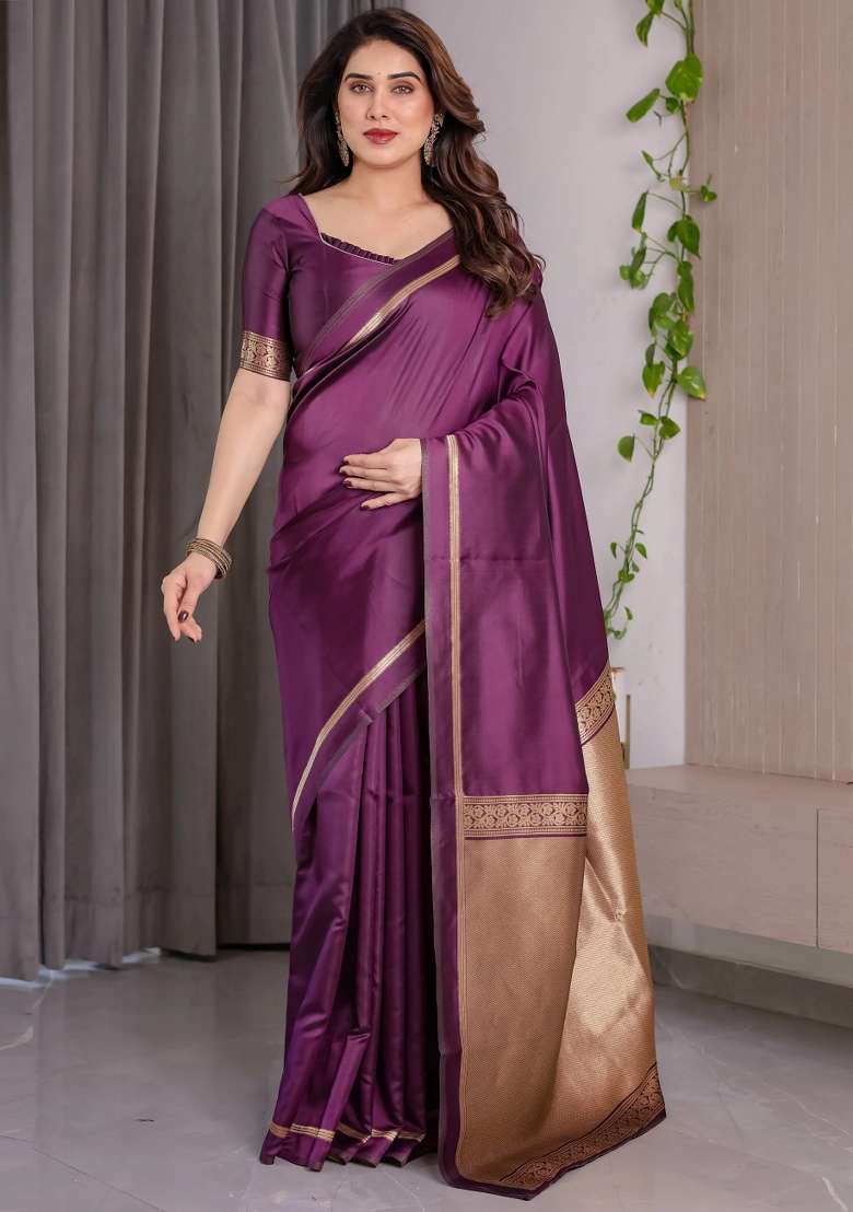 Purple Embroidered Kanjivaram Silk Blend Saree Set - Indya
