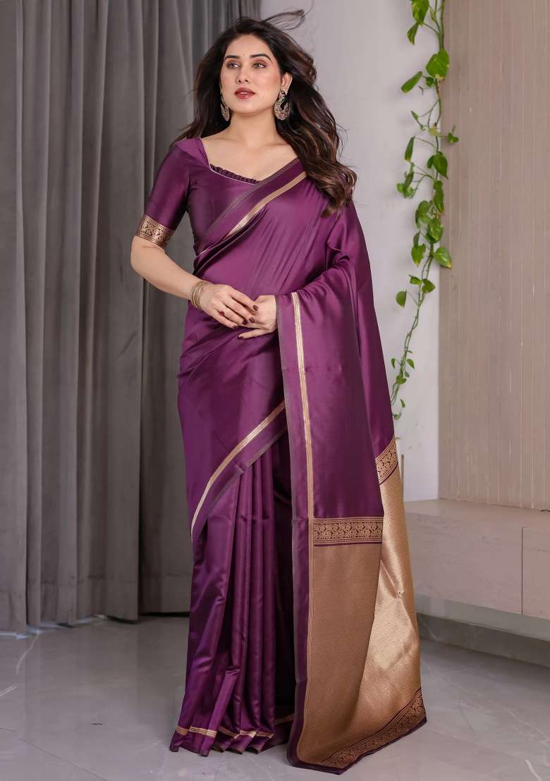 Purple Embroidered Kanjivaram Silk Blend Saree Set - Indya