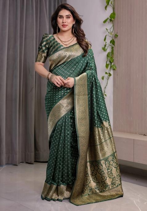 Bottle Green Embroidered Kanjivaram Silk Saree Set