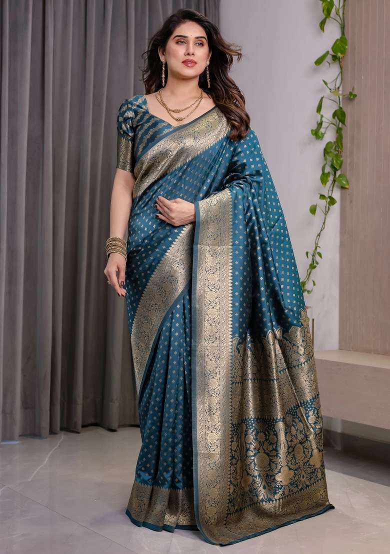 Blue Embroidered Kanjivaram Silk Blend Saree Set - Indya