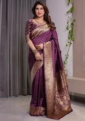 Purple Embroidered Kanjivaram Silk Saree Set