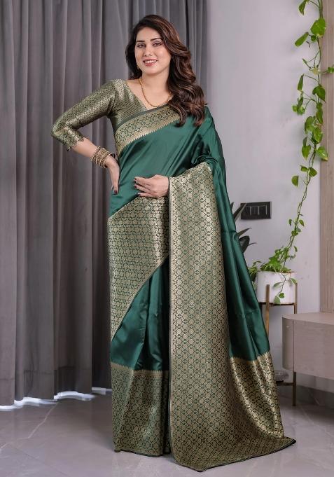 Bottle Green Embroidered Kanjivaram Silk Saree Set