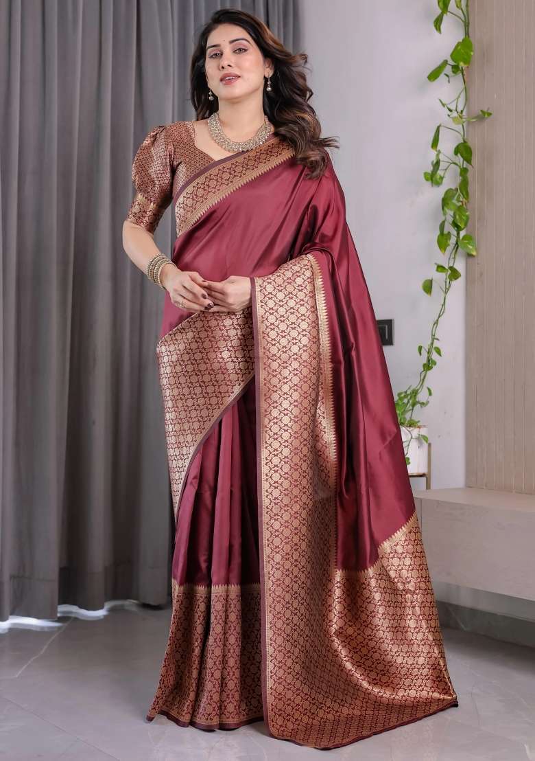 Brown Embroidered Kanjivaram Silk Blend Saree Set - Indya