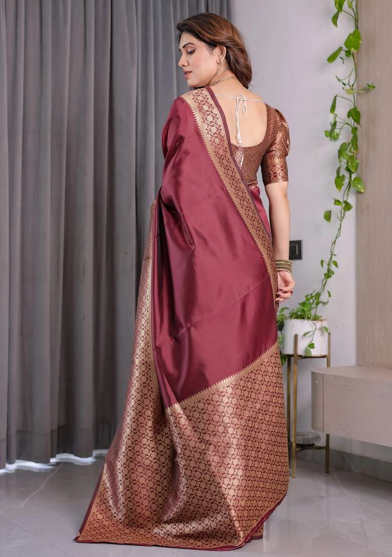 Brown Embroidered Kanjivaram Silk Blend Saree Set - Indya