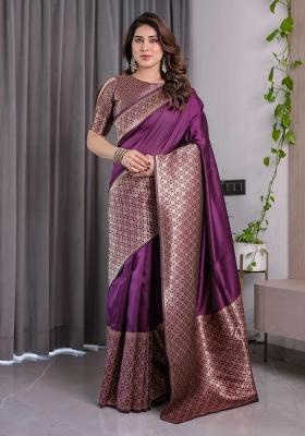 Purple Embroidered Kanjivaram Silk Saree Set