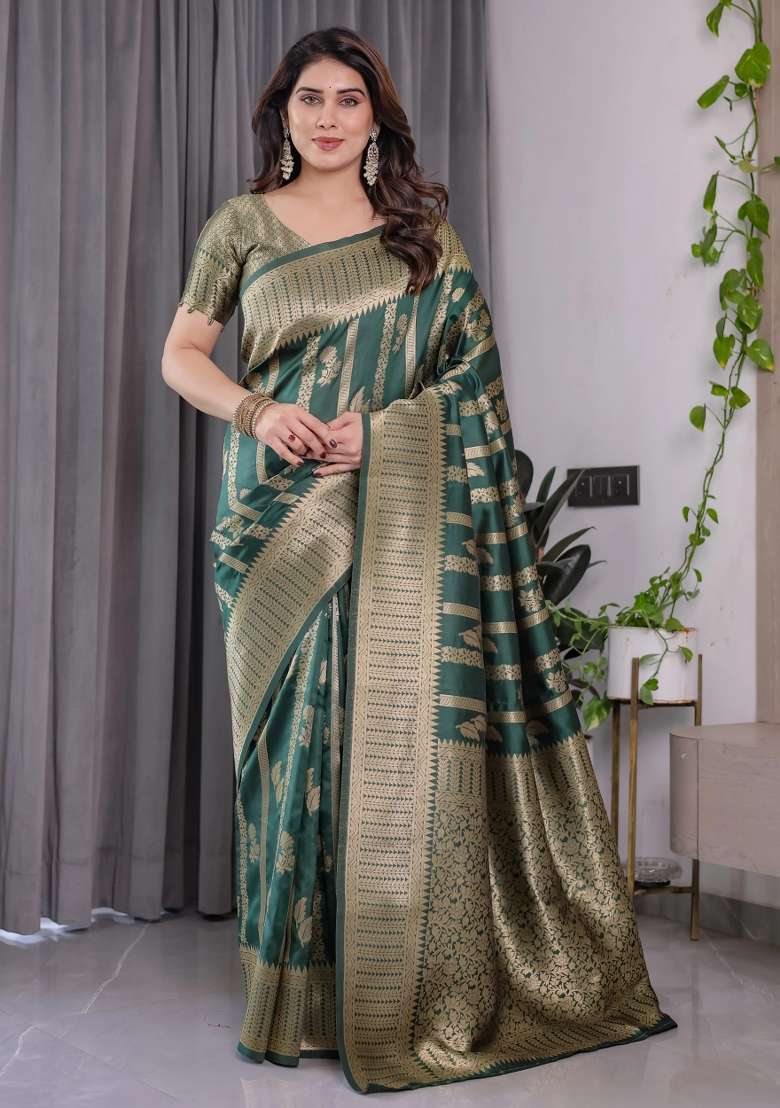 Green Embroidered Kanjivaram Silk Blend Saree Set - Indya