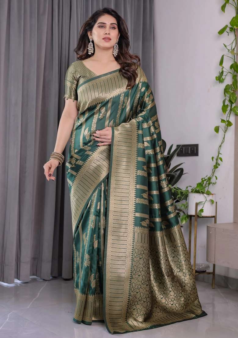 Green Embroidered Kanjivaram Silk Blend Saree Set - Indya