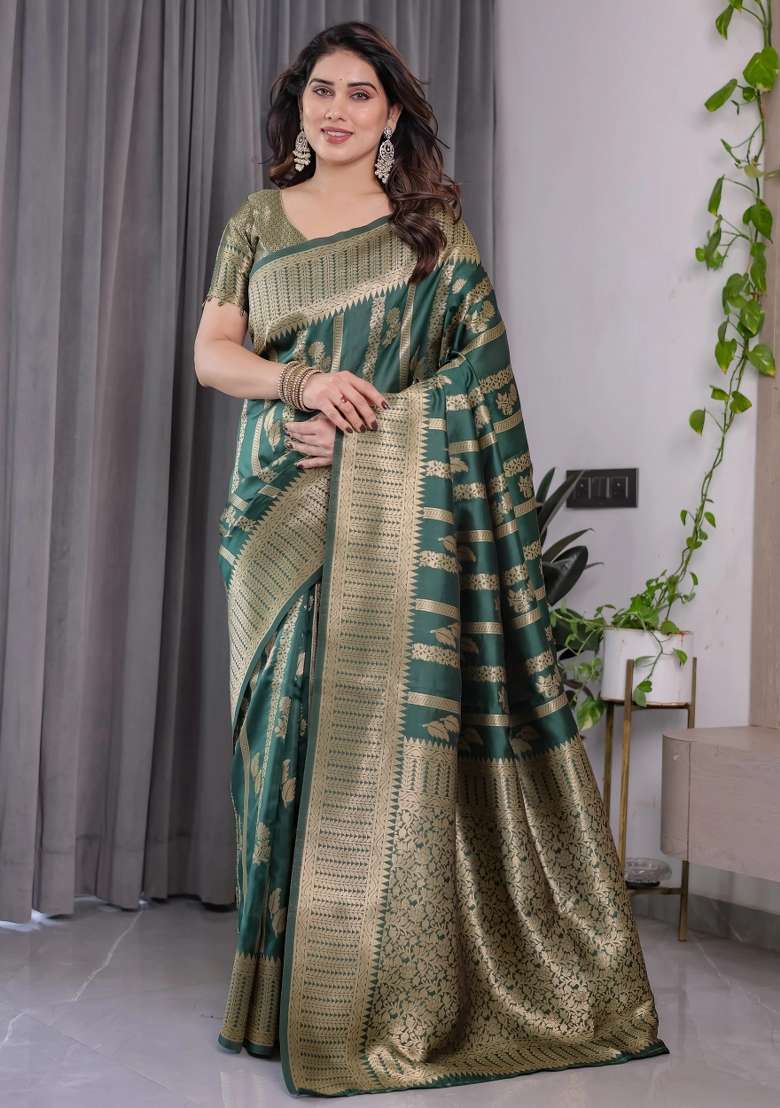 Green Embroidered Kanjivaram Silk Blend Saree Set - Indya
