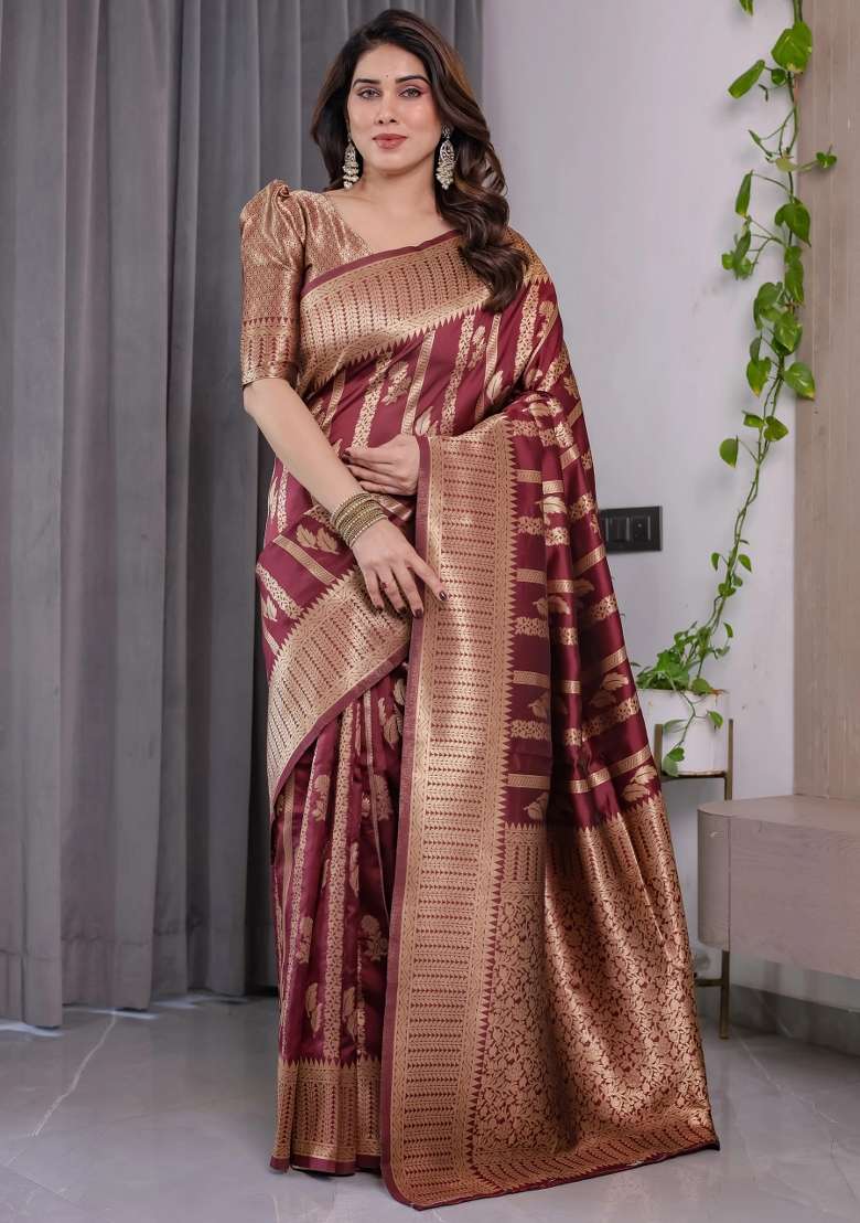Maroon Embroidered Kanjivaram Silk Blend Saree Set - Indya