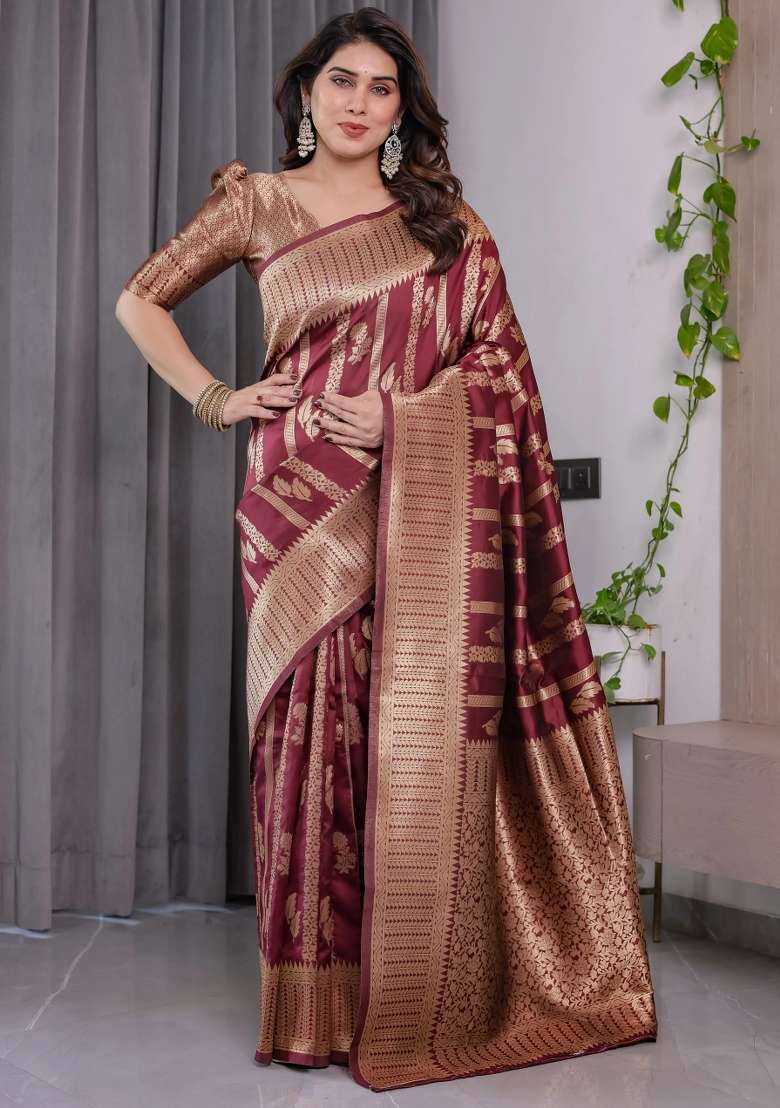 Maroon Embroidered Kanjivaram Silk Blend Saree Set - Indya