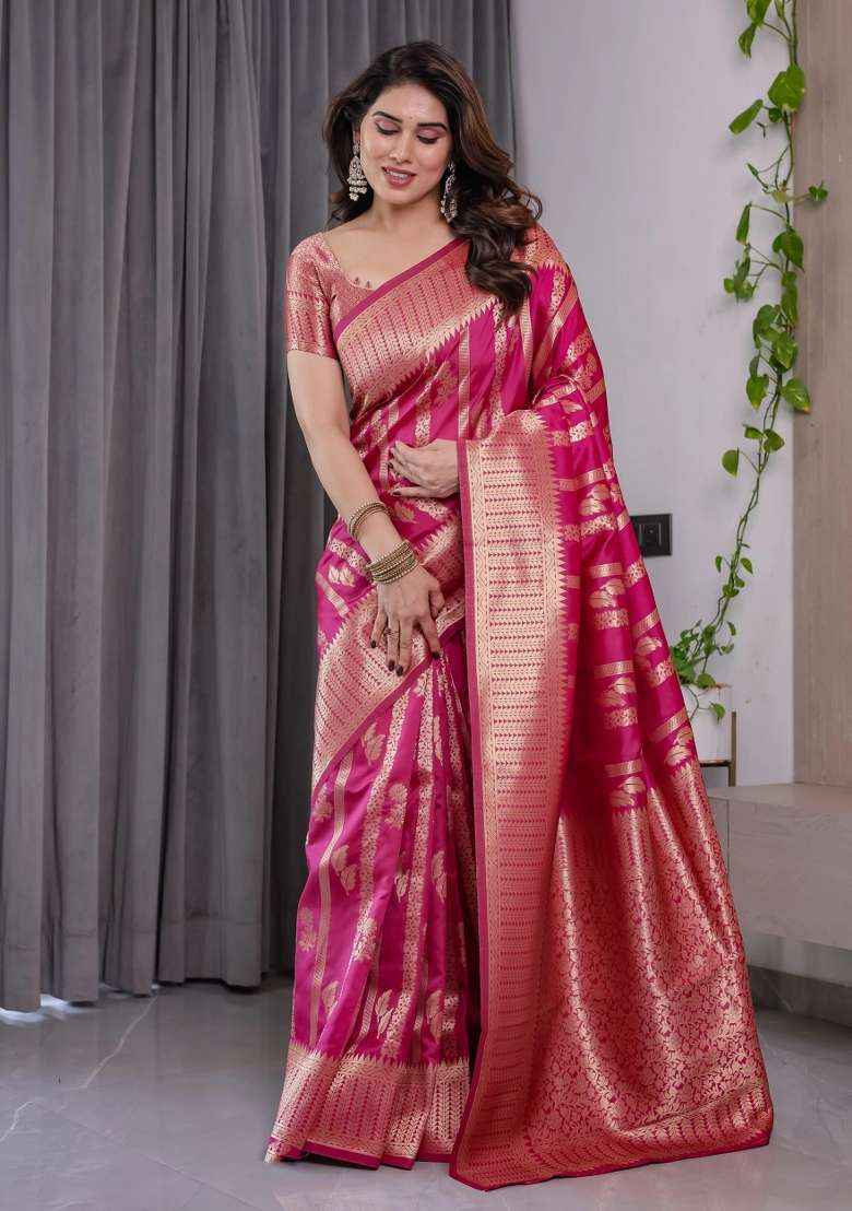 Pink Embroidered Kanjivaram Silk Blend Saree Set - Indya