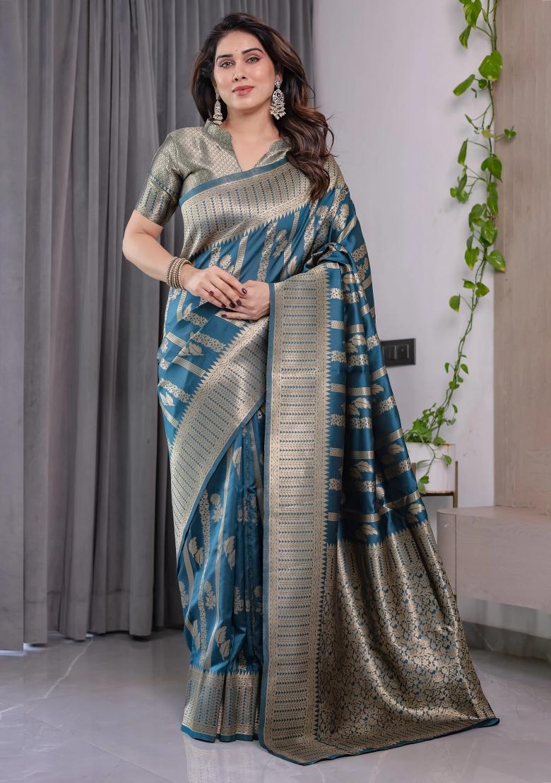 Blue Embroidered Kanjivaram Silk Saree Set - Indya