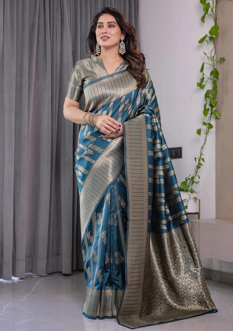 Blue Embroidered Kanjivaram Silk Saree Set - Indya
