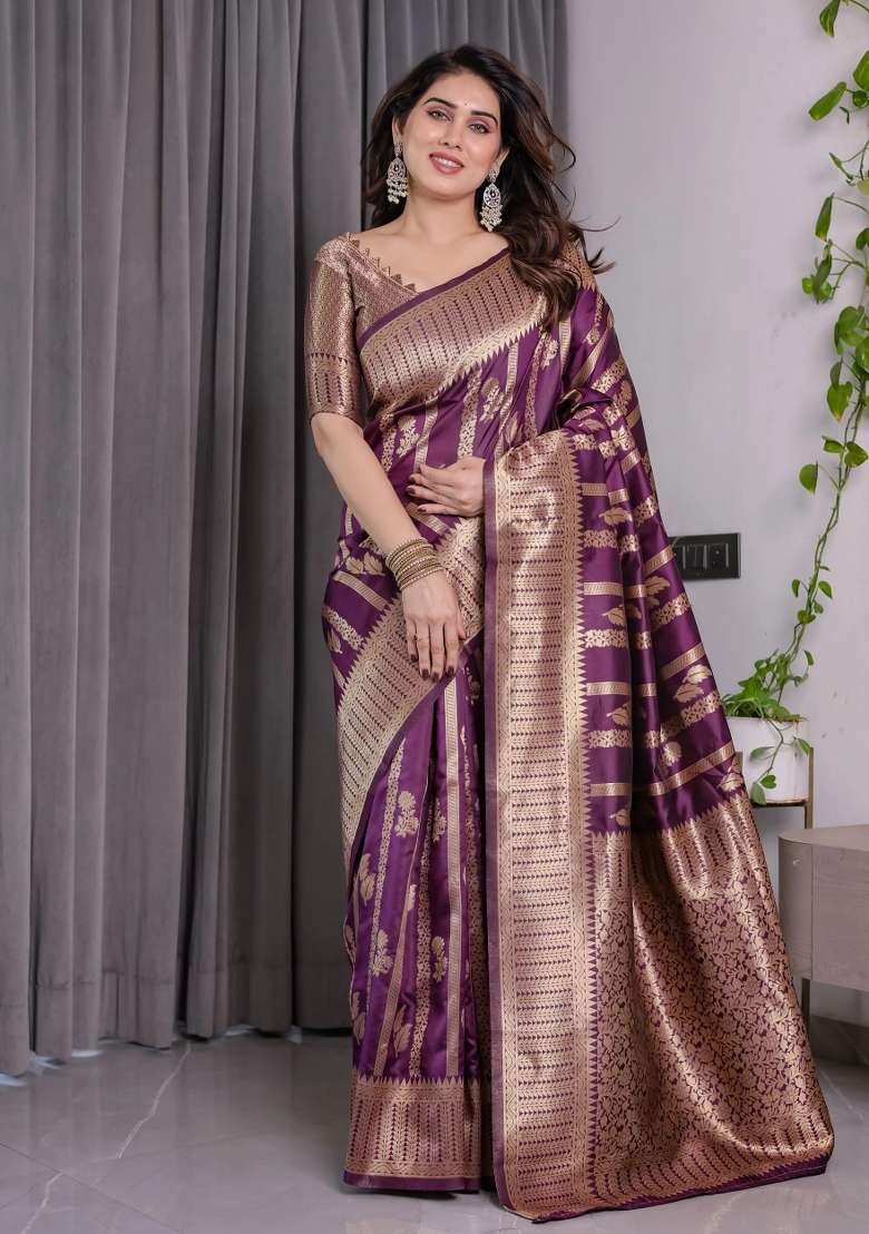 Purple Embroidered Kanjivaram Silk Blend Saree Set - Indya
