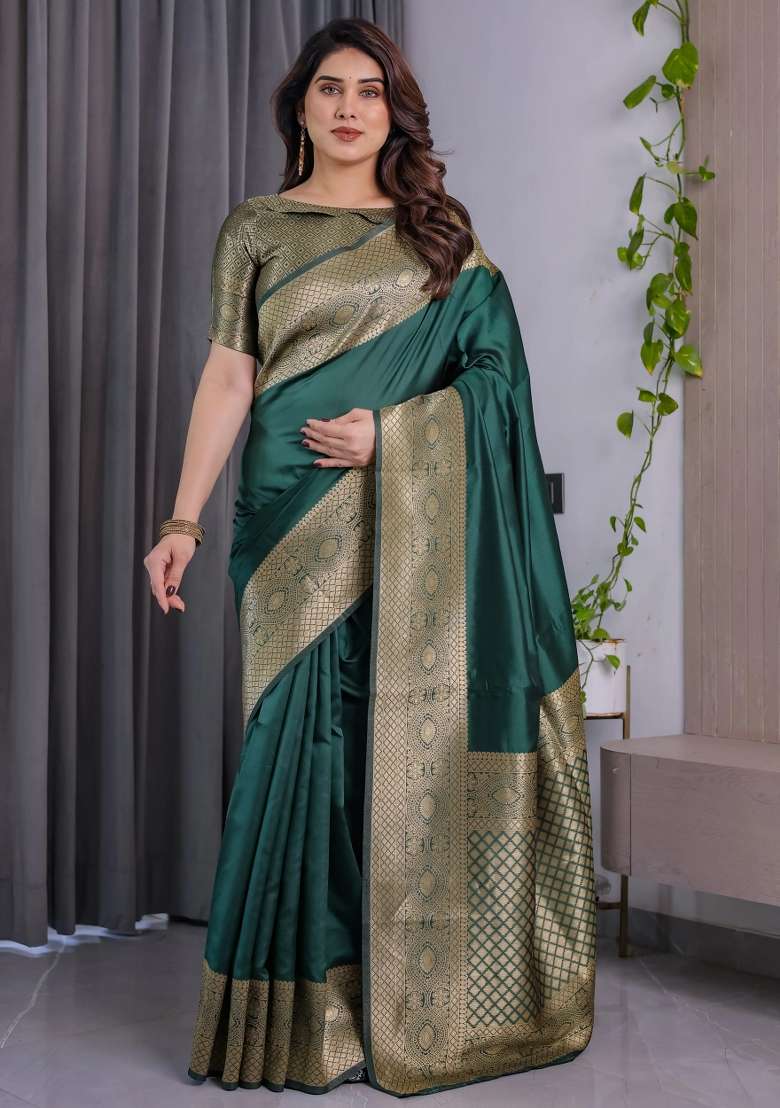 Green Embroidered Kanjivaram Silk Blend Saree Set - Indya