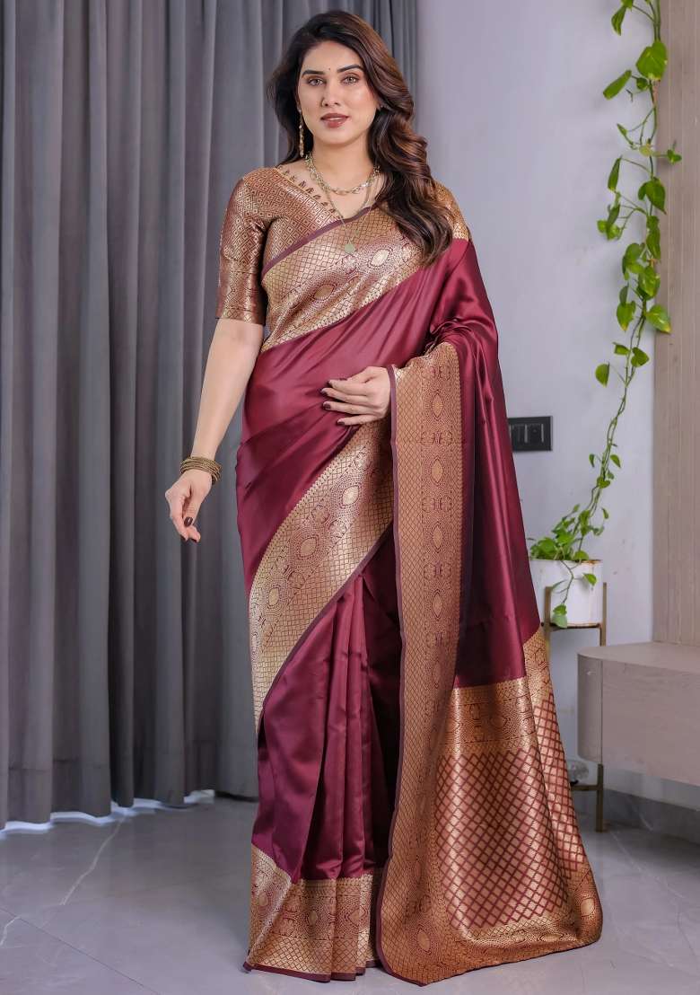 Maroon Embroidered Kanjivaram Silk Blend Saree Set - Indya