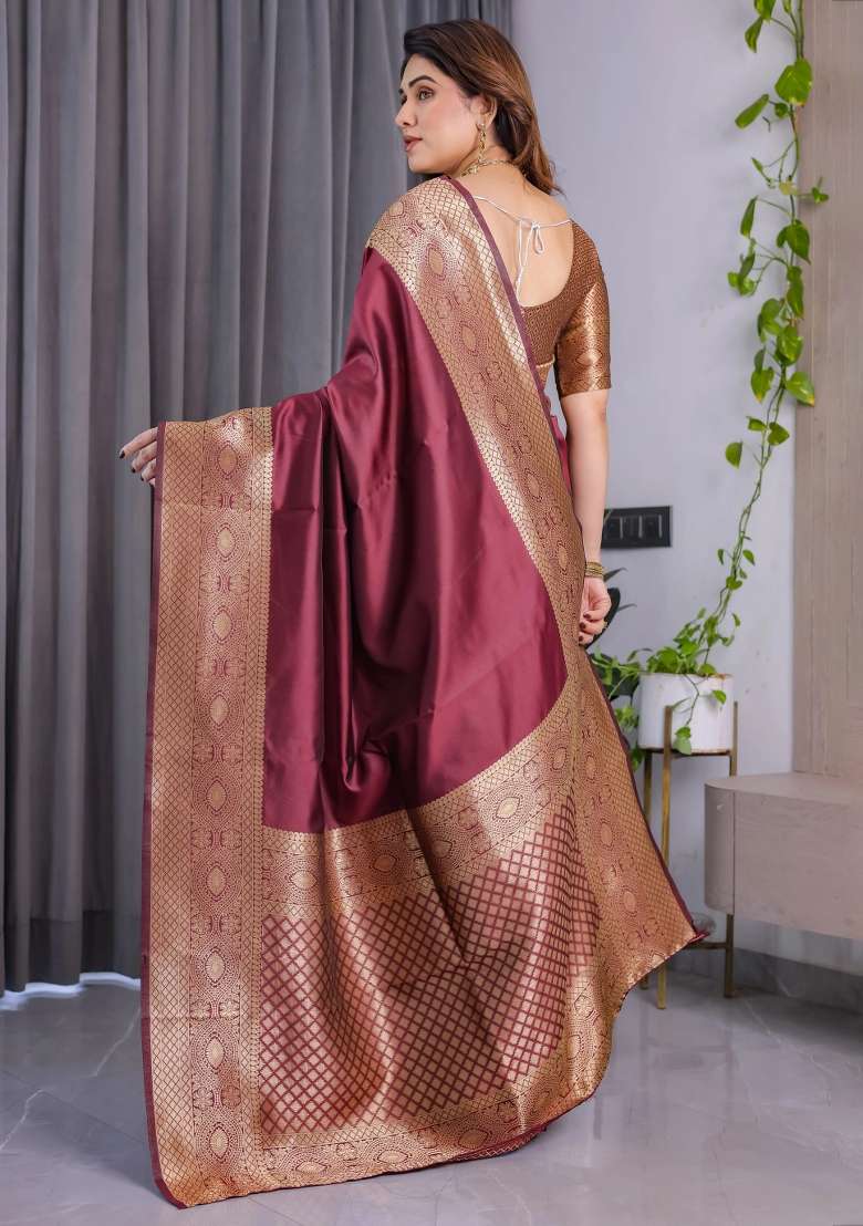 Maroon Embroidered Kanjivaram Silk Blend Saree Set - Indya