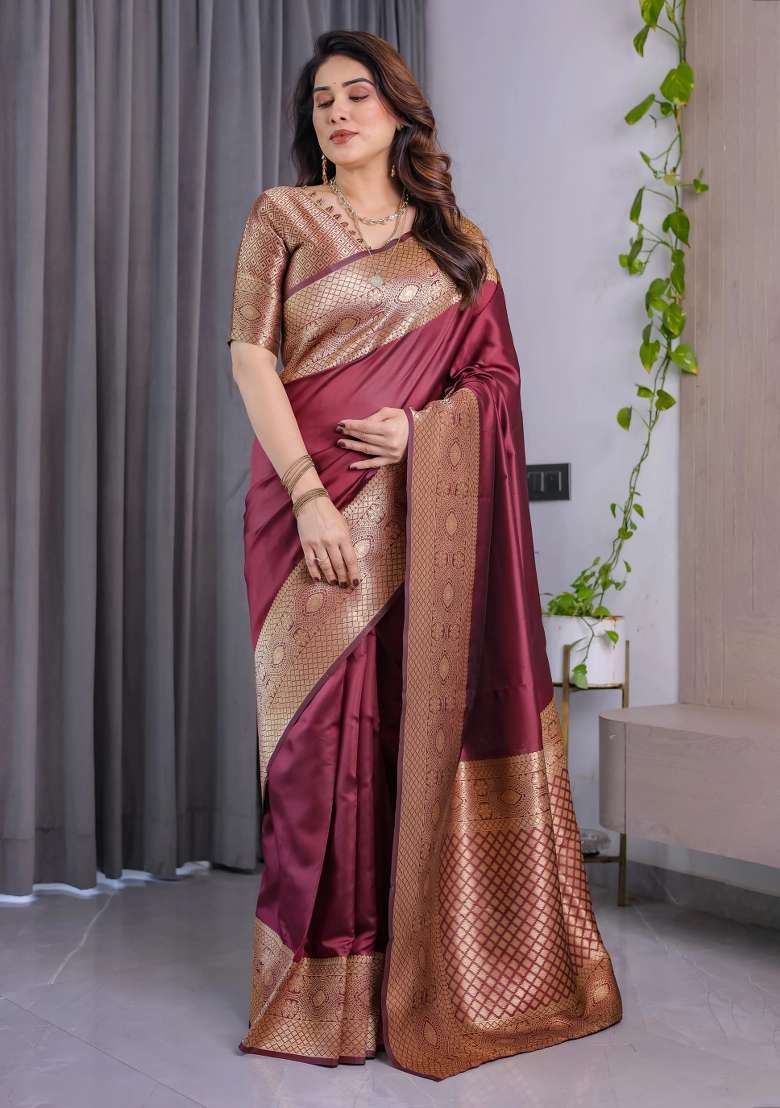 Maroon Embroidered Kanjivaram Silk Blend Saree Set - Indya