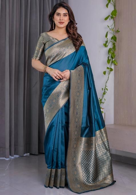 Blue Embroidered Kanjivaram Silk Saree Set