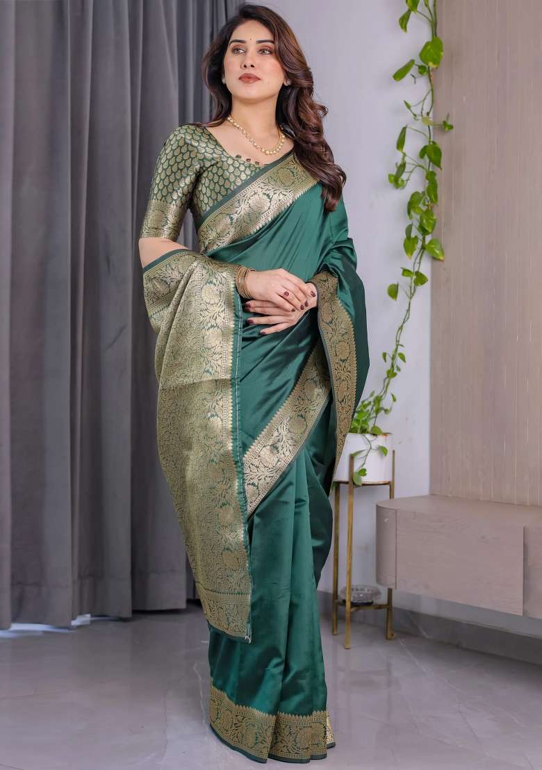 Bottle Green Embroidered Kanjivaram Silk Blend Saree Set - Indya
