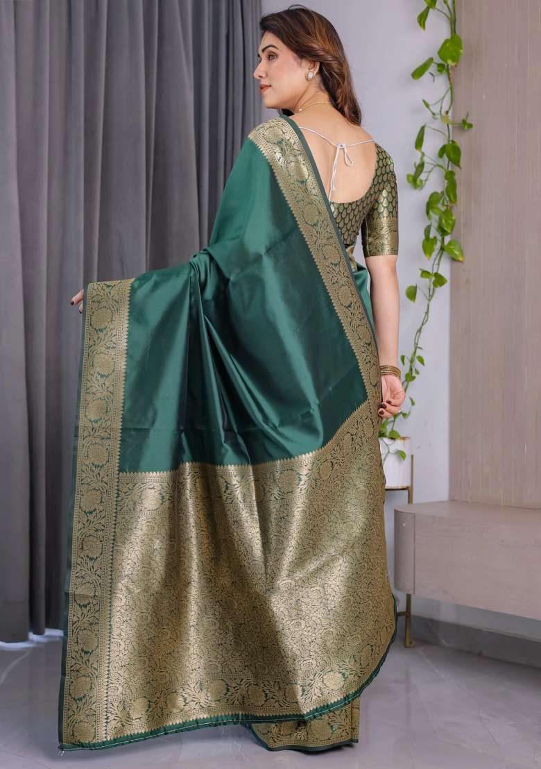 Bottle Green Embroidered Kanjivaram Silk Blend Saree Set - Indya