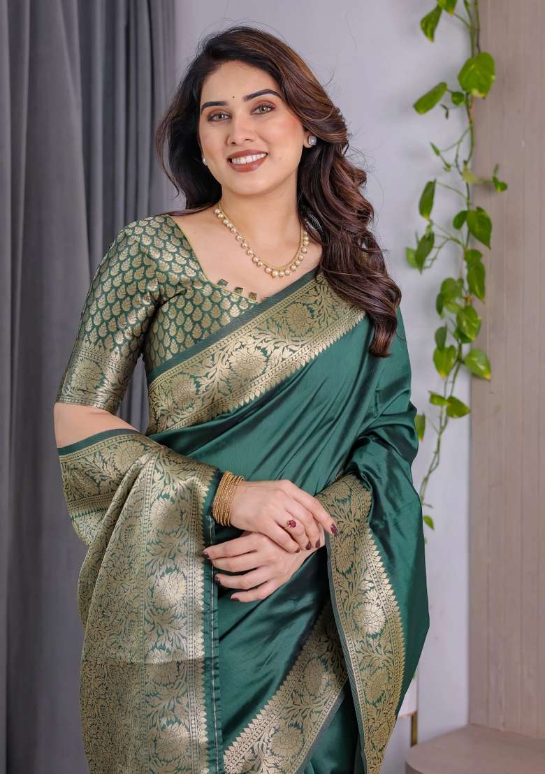 Bottle Green Embroidered Kanjivaram Silk Blend Saree Set - Indya