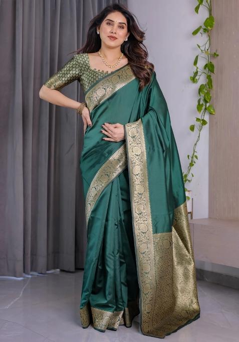 Bottle Green Embroidered Kanjivaram Silk Saree Set