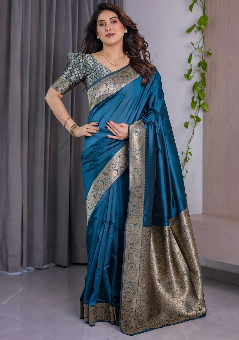 Blue Embroidered Kanjivaram Silk Blend Saree Set - Indya