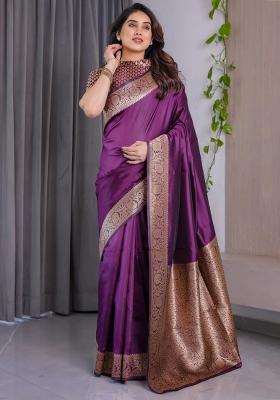 Violet Embroidered Kanjivaram Silk Saree Set