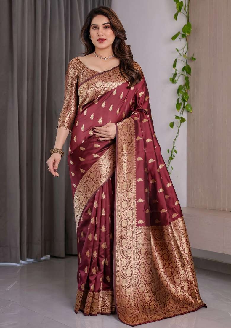 Maroon Embroidered Kanjivaram Silk Blend Saree Set - Indya