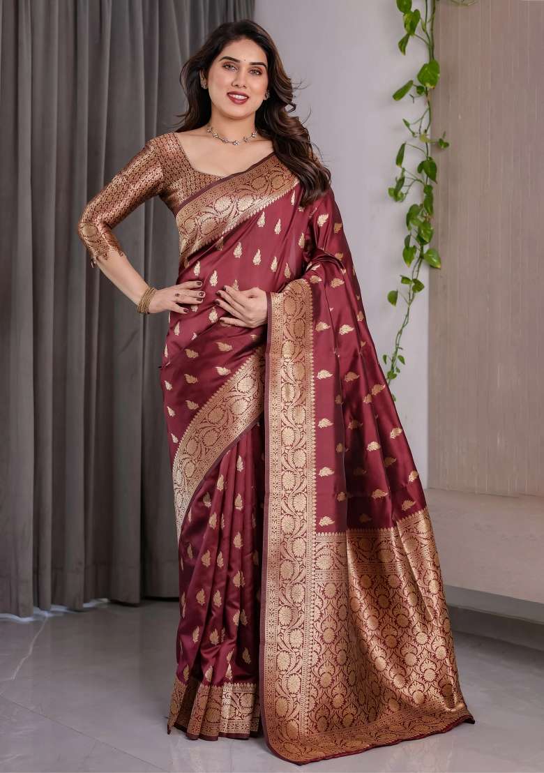 Maroon Embroidered Kanjivaram Silk Blend Saree Set - Indya