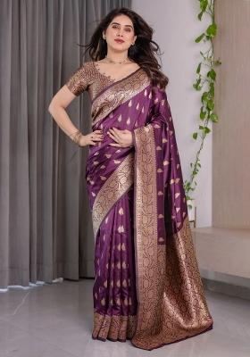Violet Embroidered Kanjivaram Silk Saree Set