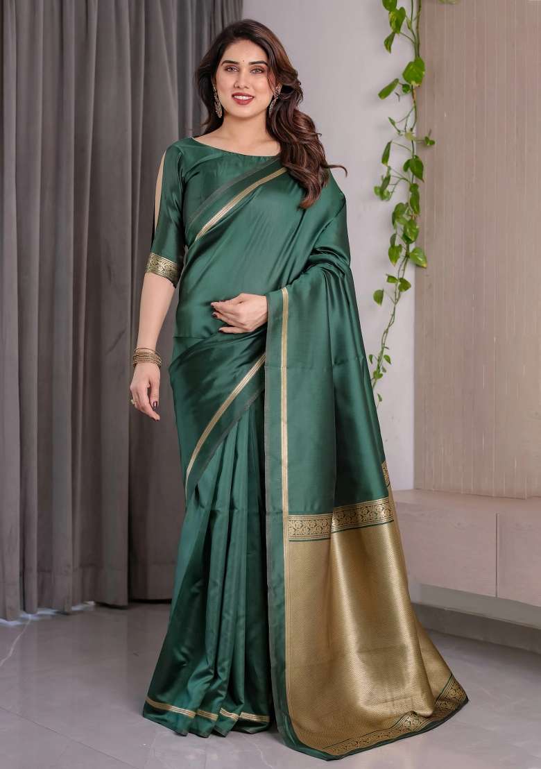 Green Embroidered Kanjivaram Silk Blend Saree Set - Indya