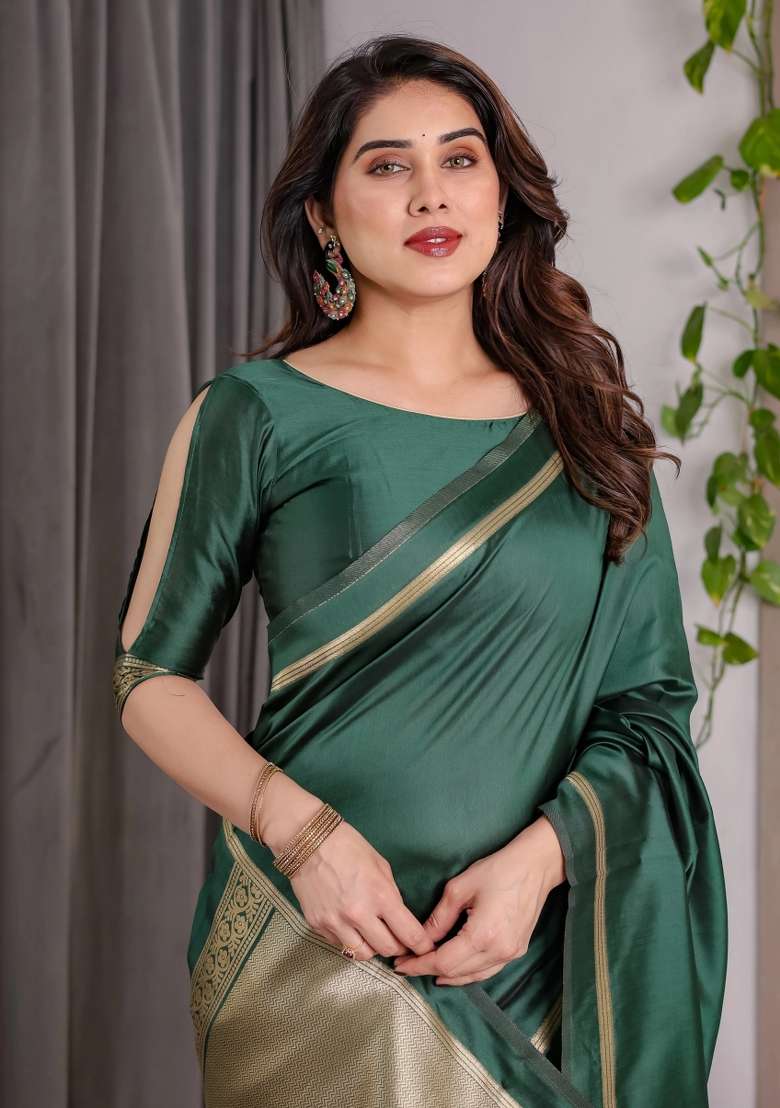 Green Embroidered Kanjivaram Silk Blend Saree Set - Indya