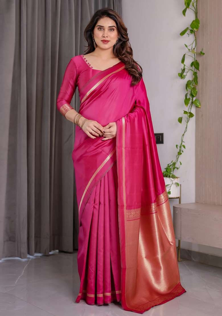 Pink Embroidered Kanjivaram Silk Blend Saree Set - Indya