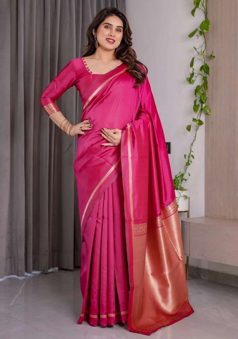 Pink Embroidered Kanjivaram Silk Blend Saree Set - Indya