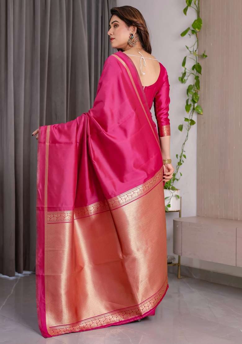 Pink Embroidered Kanjivaram Silk Blend Saree Set - Indya