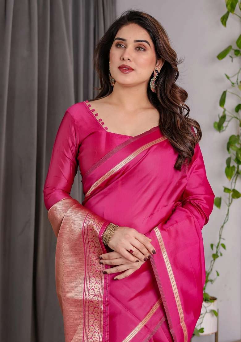 Pink Embroidered Kanjivaram Silk Blend Saree Set - Indya